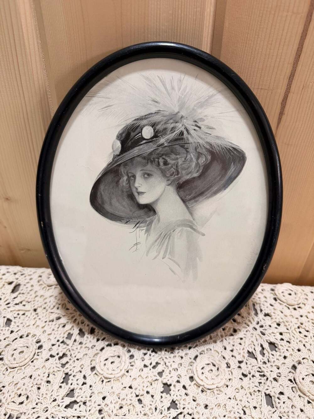 Vintage Duotone Print Woman With Feather Hat Oval Framed Art Wall Decor